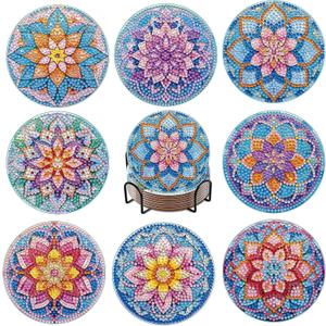 8 PCS Lotus Diamond Art Coasters Kits, Diamond Painting Coasters with Holder Set of 8, DIY Drink Coasters Art Crafts Supplies for Adults Cup Mat for Home Decor House Warming Gifts Non-Slip 3.9inch