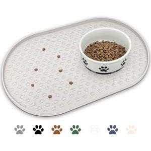 KPWACD Dog Food Mat Anti-Slip Bowl Mats for Food and Water, High-Lips Waterproof Pet Placemat Prevent Messy Spills to Floor, Silicone Puppy Feeding Trays for Large Medium Small Dogs Cats, Many Paw - 18"x12", Cream
