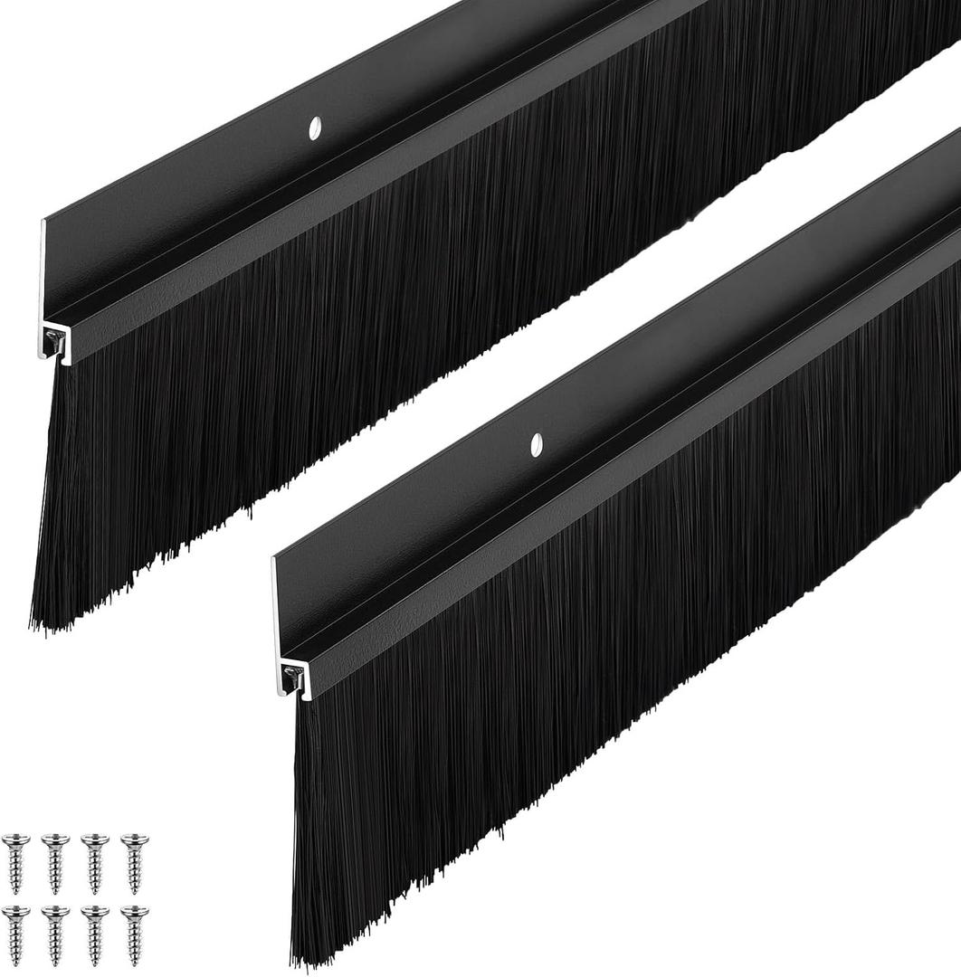 Frienda 2 Set Door Brush Bottom Sweep Brush Weather Stripping Aluminum Door Seal with Screws for Gaps up to 1 Inch, for Home, Commercial Gate, Fill Gaps Dust, Debris (1.5 x 36 Inch,Black)