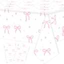 2 PCS Pink Bow Tablecloth Bow Theme Plastic Table Cover Rectangle Coquette Disposable Party Tablecloth for Women Girls Birthday Bridal Bachelorette Party Decor