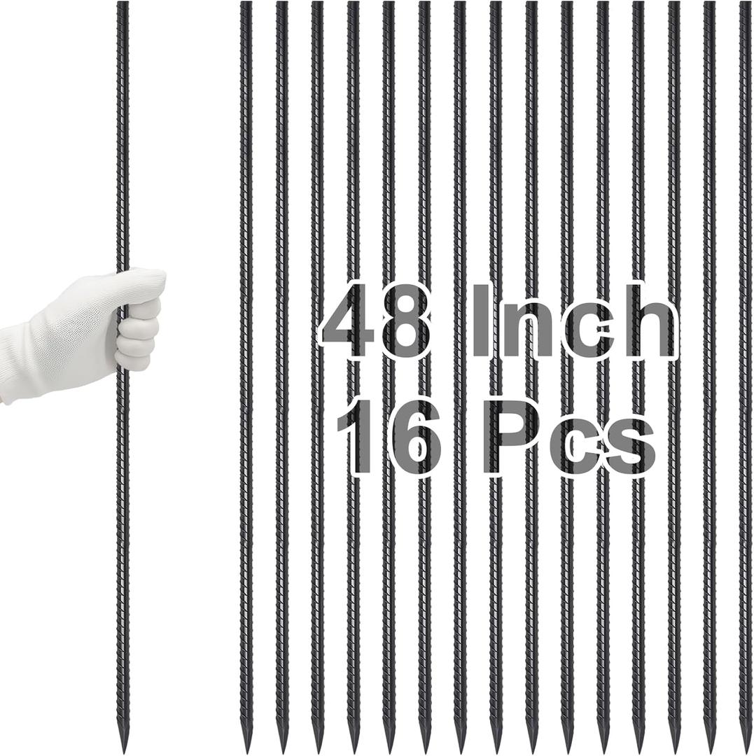 VVOKGO Rebar Stakes 48 Inch 16-Pack Concrete Form Stakes Heavy Duty Straight Ground Anchors, 3/8" Diameter Metal Steel Spikes with Chisel Point End for Plant Support, Garden Border,Landscape Edging