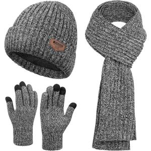 Mens Hat and Gloves Set, Warm Beanie Knit Long Scarf Fleece Lined Winter Hats Touchscreen Gloves for Men (Style A-white Black)