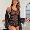 Avidlove Lingerie for Women 3 Piece Lingerie Set Floral Lace Cami Sleepwear with Kimono Robe Pajama Set (Black, M)