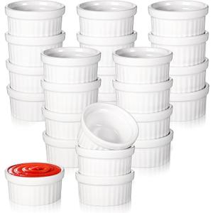 24 Pcs 1 oz Mini Ramekins Small White Ceramic Porcelain Souffle Dish Custard Sauce Dipping Dessert Cups Oven Safe Bowls for Charcuterie Pudding Creme Brulee Condiment Baking Bakeware