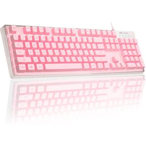 MageGee Gaming Keyboard, 7 Solid Colors Backlit Wired Gaming Keyboard with Clear Housing and Double-Shot Keycaps, K1 Waterproof Ergonomic 104 Keys Light Up Keyboard for PC Desktop Laptop, Pink