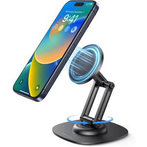 OMOTON 360Rotating Magnetic Phone Stand for Desk, Adjustable Foldable Aluminum for MagSafe Cell Phone Stand Holder with Non-Slip Base, for iPhone 16/15/14/13 Pro Max/MagSafe Case- Black