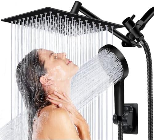Shower Head, 8 inch Multifunction High Pressure Rain Shower Head with Handheld Spray Combo with 11'' Angle Adjustable Extension Arm/Flow Regulator/Shower System Matte Black