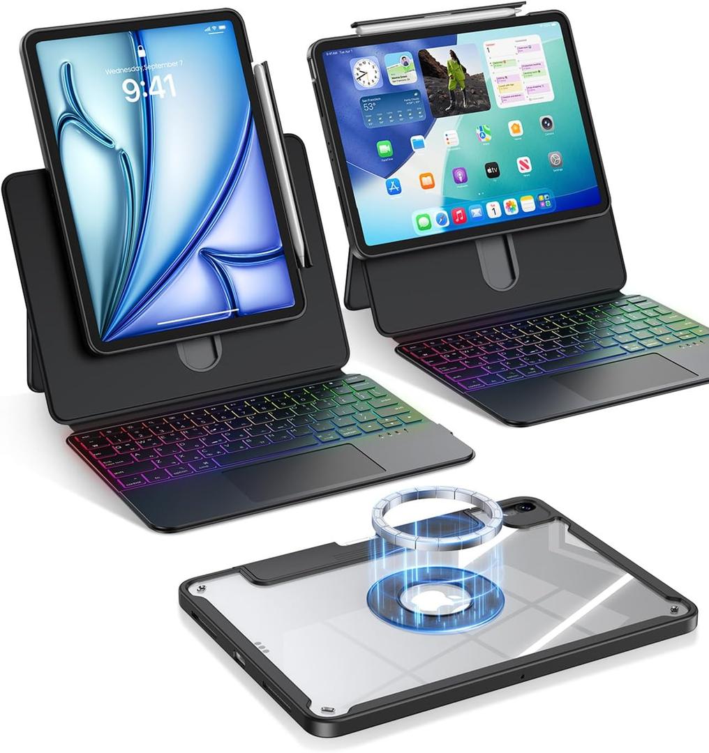 avakot Clear Magnetic Keyboard Case for iPad Air 13" (M3/M2 2025/2024) & iPad Pro 12.9" (6/5/4/3 Gen) 2018 2020 2021 2022, 7-Color Backlit & Multi-Touch Trackpad, Rotatable & Liftable w/Stand, Black