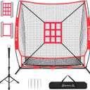 7x7 ft Baseball & Softball Practice Net with Bow Frame for Batting, Hitting, Pitching, Portable Baseball Throwing Net with 2 Strike Zone Batting Tee, Carry Bag, Great for All Levels
