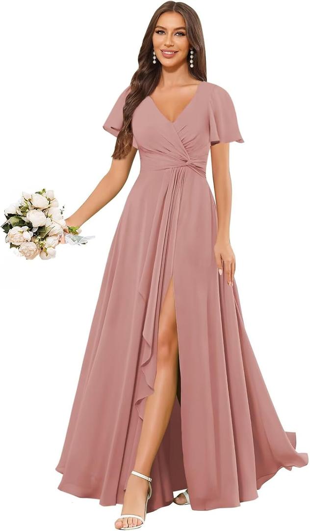 V Neck Bridesmaid Dresses Long Chiffon Short Sleeve Formal Dress with Slit (4, Dusty Rose)