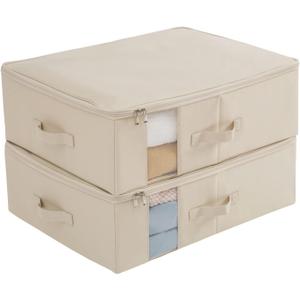 Under Bed Storage Containers Bags for Clothes, Blanket, Comforters Organizer with Clear window - 600D Cationic Fabric (M(21.7x16.5x7in) for under bed storage, Beige)