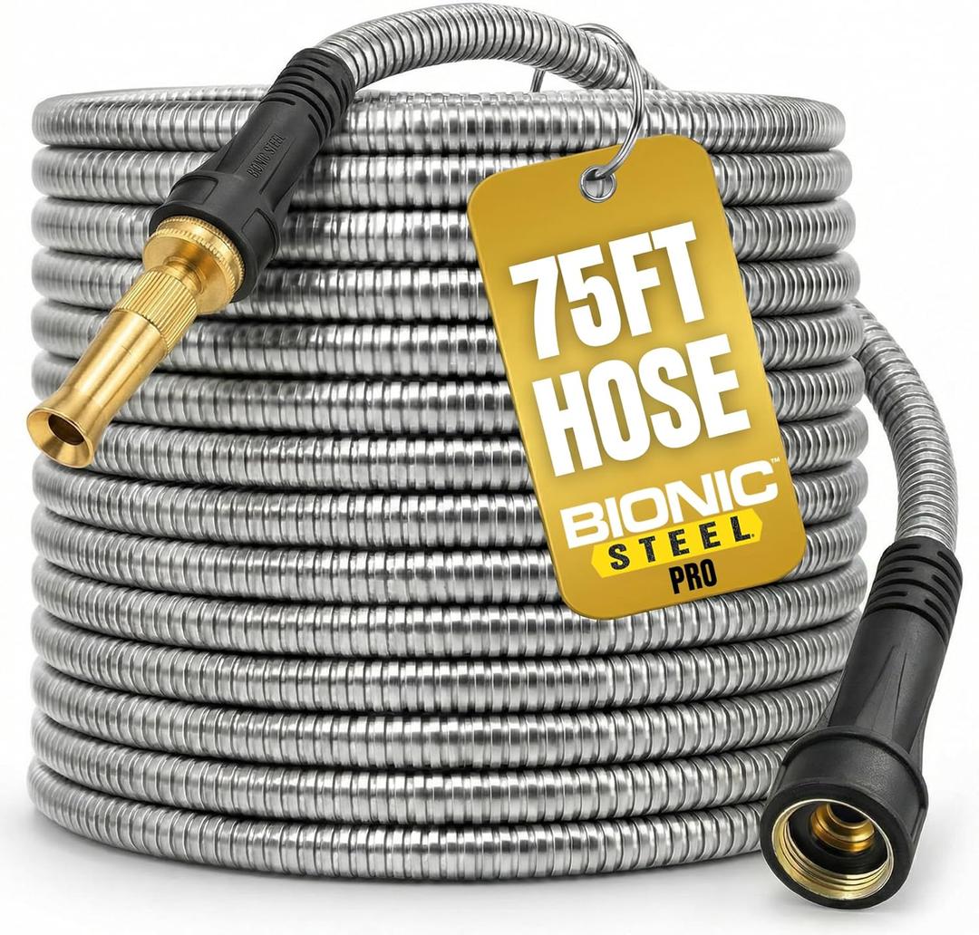 Bionic Steel PRO 75ft Garden Hose with Nozzle, 304 Stainless Steel Metal 75ft Water Hose Flexible Hose, Kink Free, Lightweight & Heavy Duty, Crush Resistant Fitting, Easy Coil, 500 PSI 2025 Model