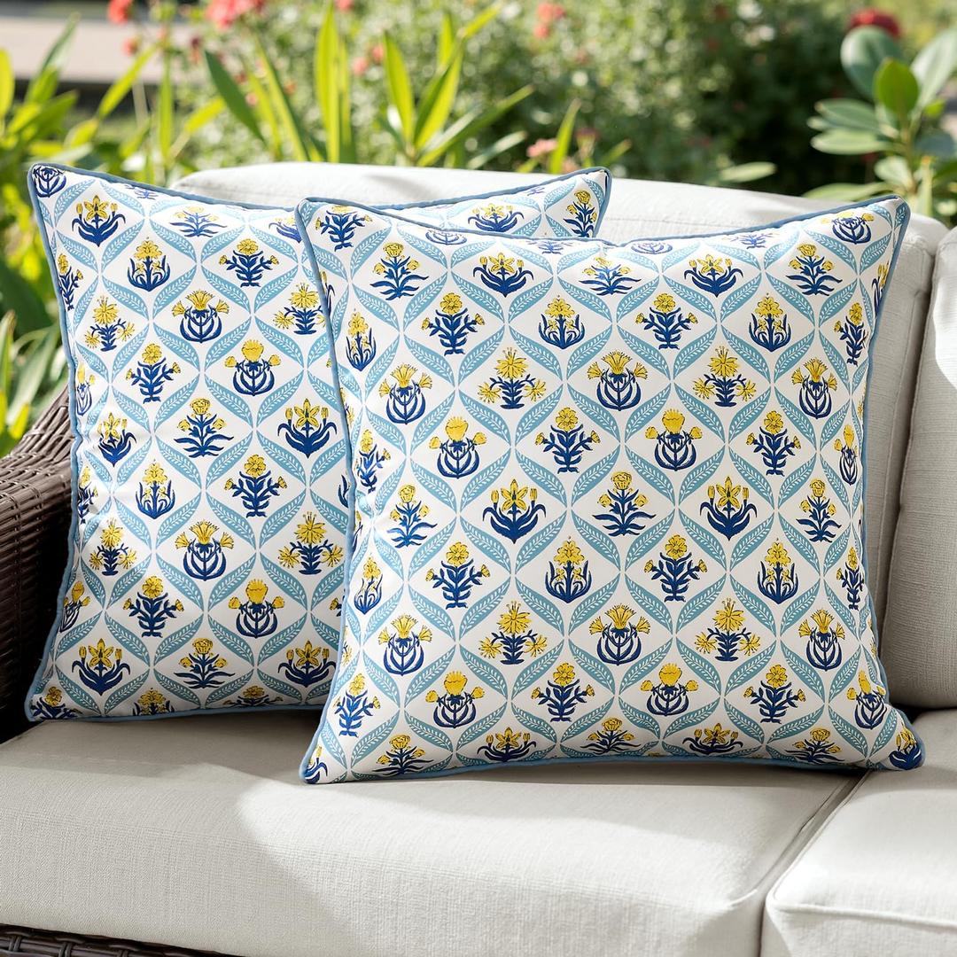 ANRODUO Floral Outdoor Waterproof Pillow Covers Set of 2 Yellow 20x20 Inch | Square Block Print Decorative Cushion Cases With Refined Edge Piping for Summer Patio Porch Garden Couch Sofa Bench Decor