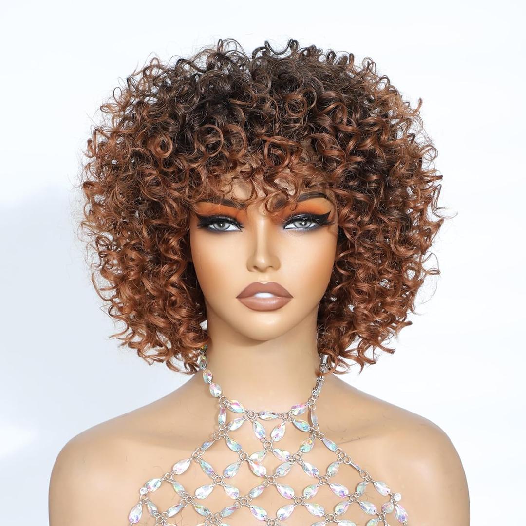 Short Curly Afro Wigs with Bangs Ombre Brown Bouncy Curls Glueless Friendly for Beginner Kinky Curly Wig for Black Women 4A Curls, 6 Inch, M1B/30