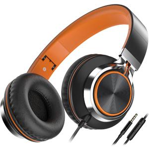 Kids Headphones, Headphones Wired with Microphone and Volume Control Folding Stereo Corded On-Ear 3.5mm Headset for Boys Girl Cellphones Tablets Chromebook Laptop Computer (Black/Orange) (Medium)