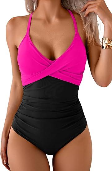 B2prity Women's One Piece Swimsuits Tummy Control Front Cross Bathing Suits Tie Back Slimming V Neck Swimwear, Larg