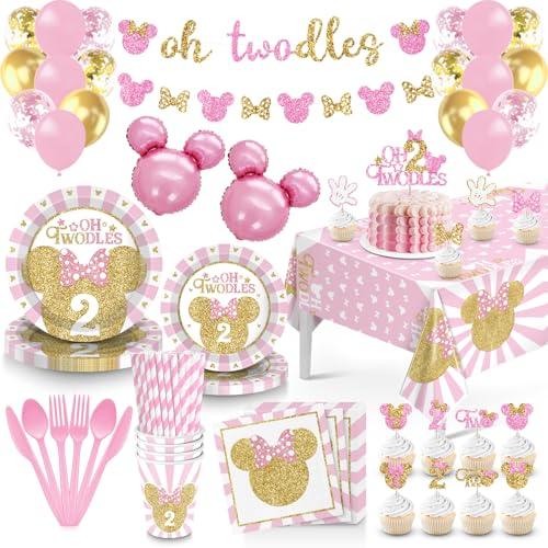 166 Pcs Oh Twodles Birthday Party Supplies Girl, 2nd Birthday Decorations for Girl Paper Plates Napkins Cups Tablecloth Banner for Pink Gold Oh Twodles Birth day Decorations for Girls Serve 16 Guests