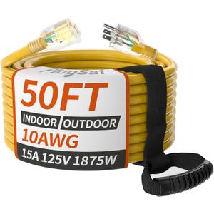 50ft 10 Gauge Outdoor Extension Cord Waterproof with Lighted Indicator,10 AWG SJTW Heavy Duty 15Amp 1875W,3 Prong Cords Flexible Copper Yellow ETL Listed