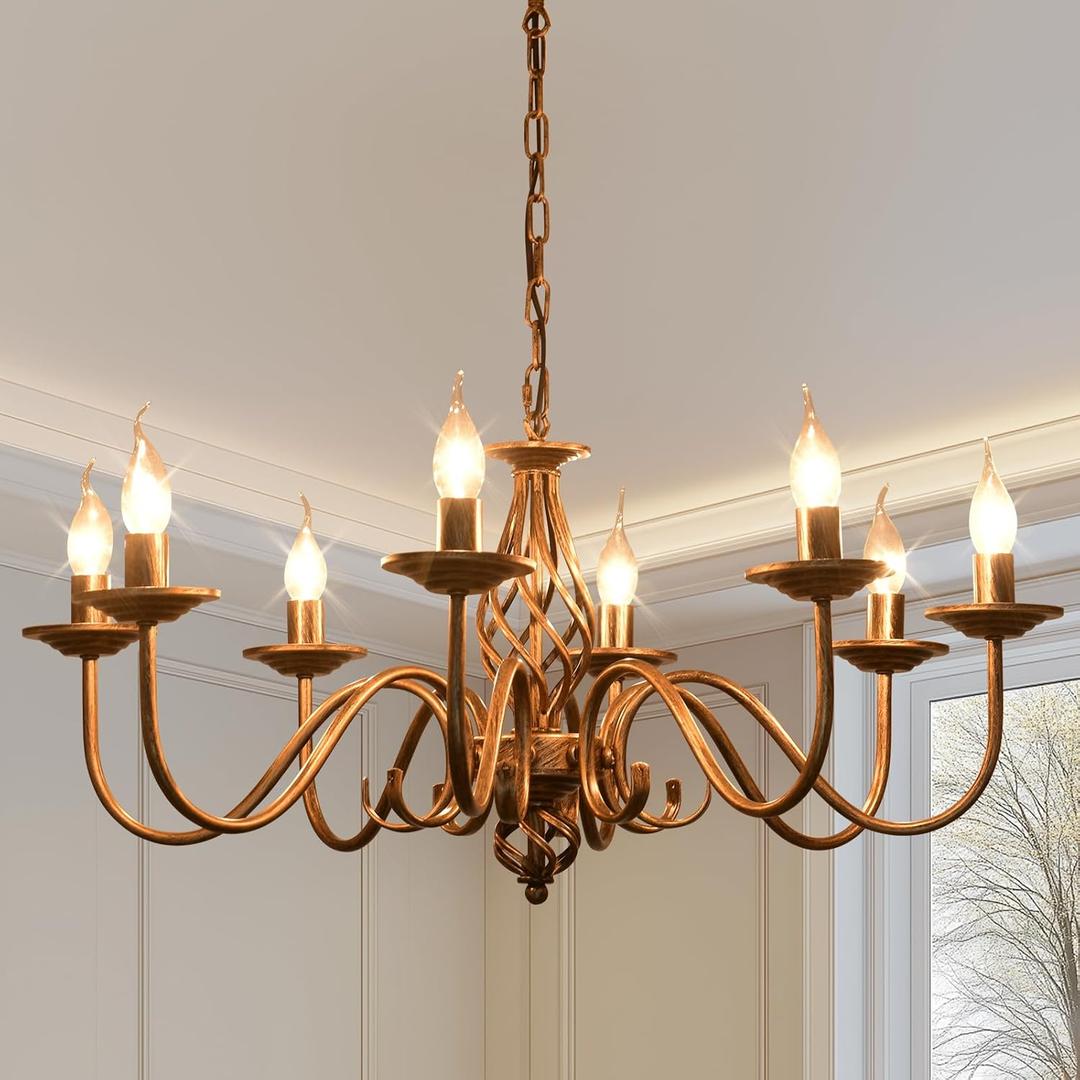 Ganeed Rustic 8-Light Chandeliers, Antique Bronze Candle French Country Chandelier, Vintage Iron Pendant Hanging Ceiling Light Fixture for Farmhouse Living Room Kitchen Dining Room Foyer