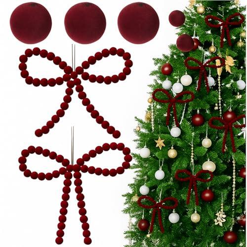 Yalikop 6 Pcs Velvet Beads Christmas Tree Bows Ornament for Craft Vintage Red Bow Ornament Coquette Xmas Velvet Beads for Christmas Tree Door Garland Wreath Tiered Tray Decorations