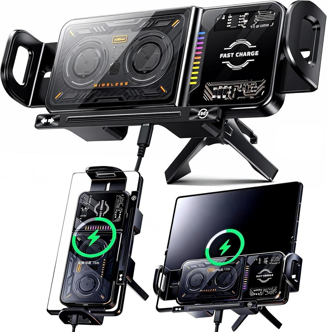 Wireless Car Charger, 2026 Upgrade 15W Fast Charging with LED Light Auto Clamping Phone Holder for iPhone 16/15/14/13 Mini Pro Max, Samsung Galaxy S25 Ultra, S24/S23 etc (Black)