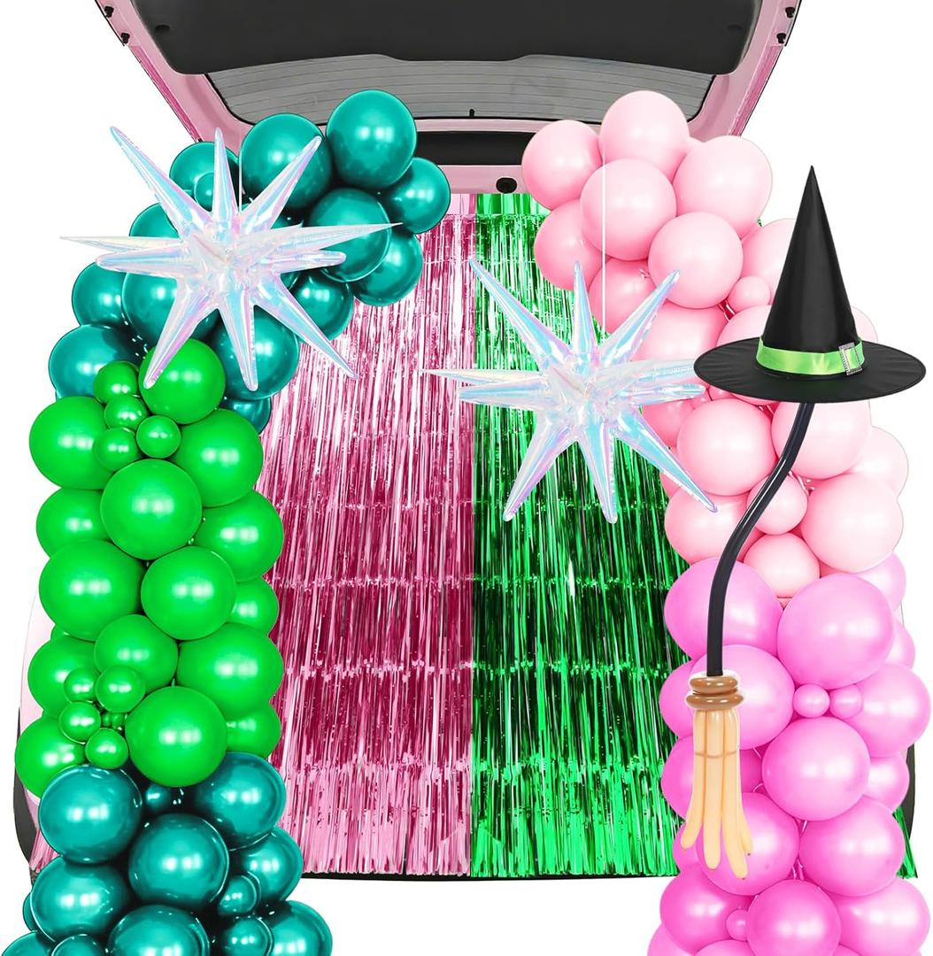 Panelee Halloween Trunk or Treat Car Decoration Kit, Green and Pink Tinsel Foil Fringe Curtains Witch Hat Pink Green Balloon for Outdoor Trunk or Treat Halloween Witch Princess Birthday Party Decor