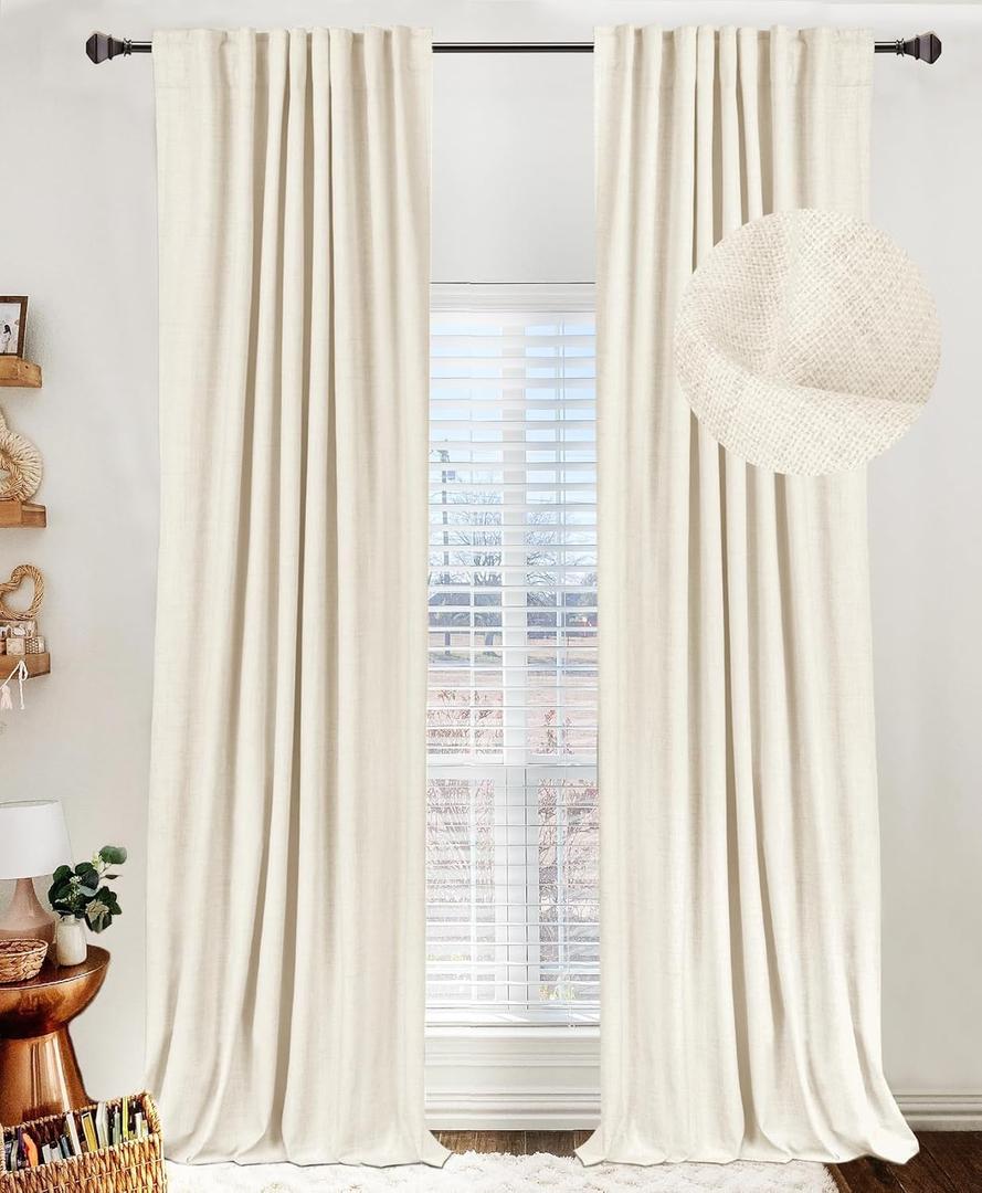 100% Blackout Shield Linen Blackout Curtains for Bedroom 92 Inches Long, Back Tab/Rod Pocket Living Room Drapes, Thermal Insulated Blackout Curtains 2 Panels Set, 50" W x 92" L, Light Cream (50"W x 92"L (Pack of 2))