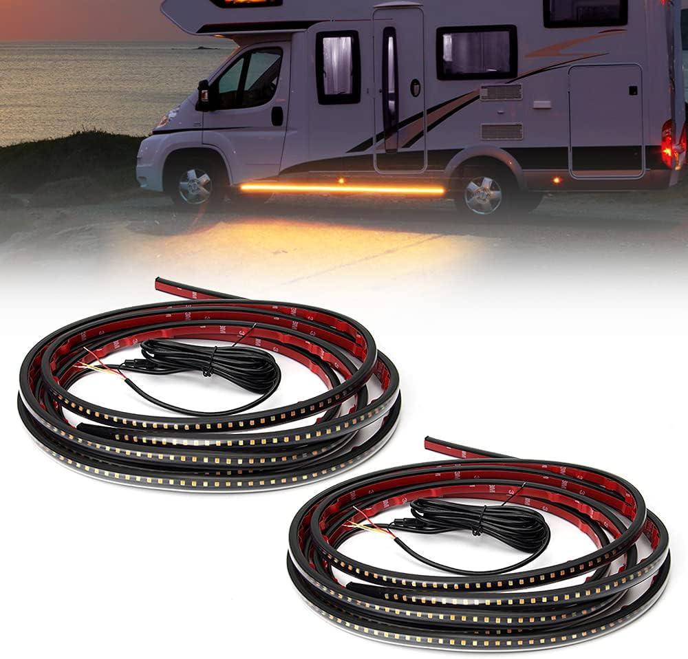 2Pcs 15 Feet Running Board Lights Sequential Amber Side Marker with White Courtesy Lights, 540 LED Extended Crew Cab Amber Led Light Strip for RV Camper Van Trailer