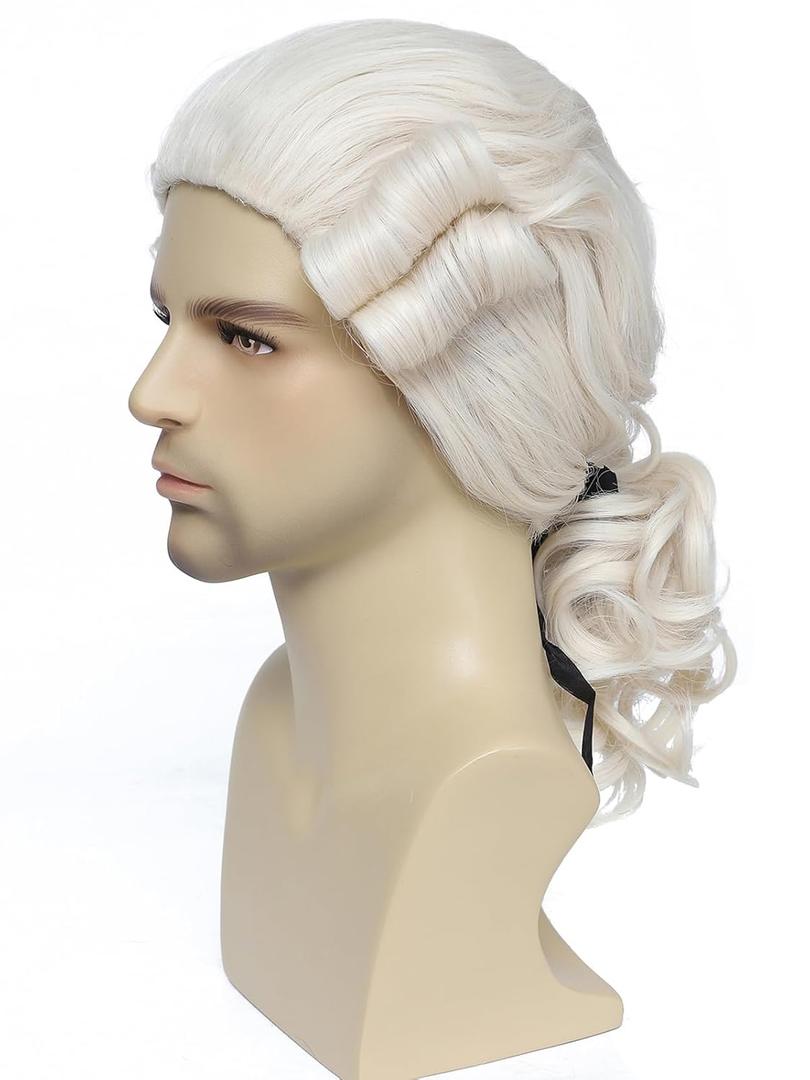 Men's 18th Century Colonial Judge Wig, George Washington Wig Lawyer Aristocrat Curly Costume Wig for Halloween Historical Theme Party (Beige)