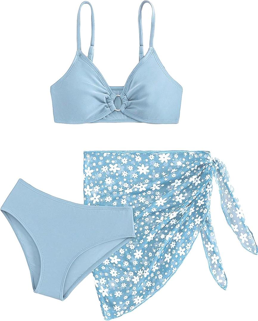 COZYEASE Girls' 3 Piece Bikini Set Ditsy Floral Print Wireless Swimsuit with Beach Skirt (Blue)