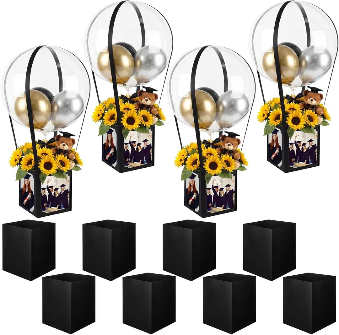 12 Sets Graduation Hot Air Balloon Box Centerpieces for Table Black 6/7 Inch Photo Box with Balloon and Bow Congrats Grad Photo Frame Display for 2026 Graduation Birthday Party Decoration