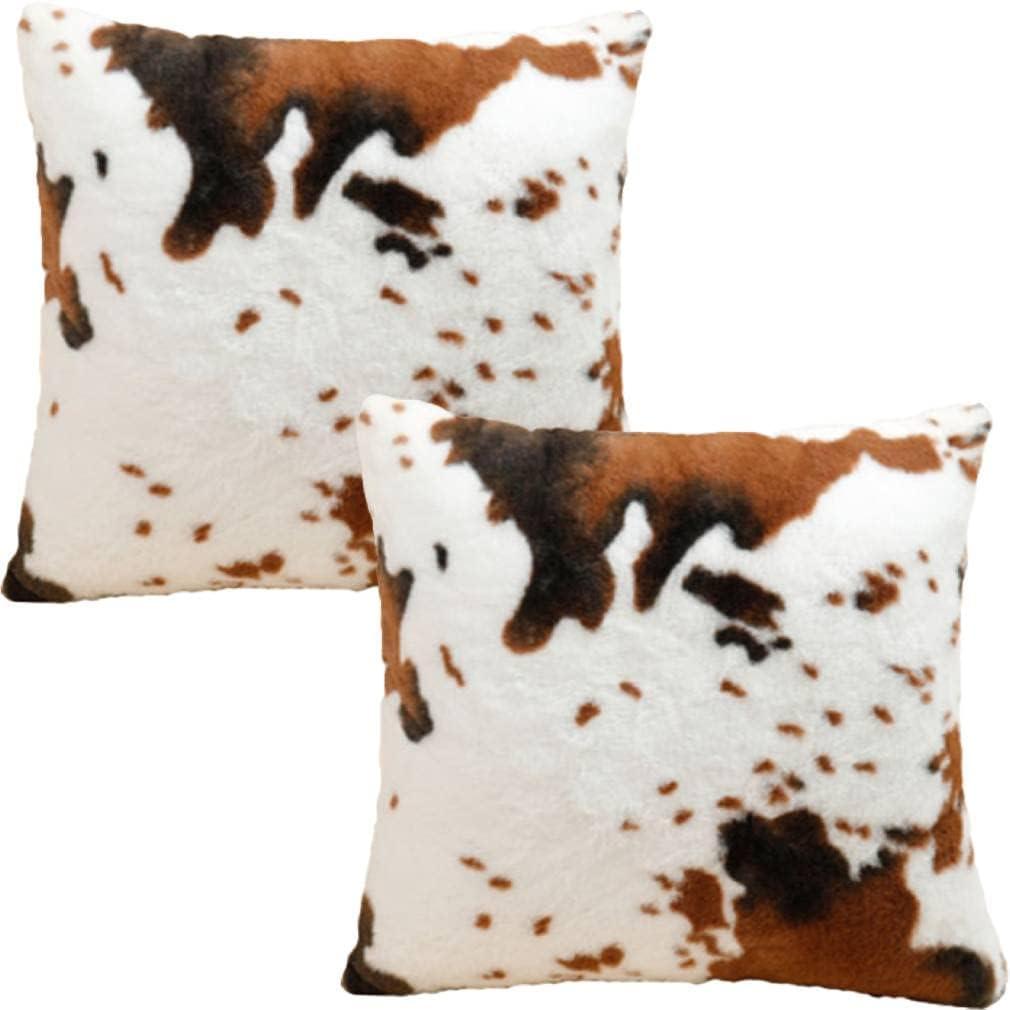 Throw Pillow Covers Soft Faux Fur Pillow Cover Animal Cow Hide Cowhide Print Decor Accent Cushion Covers Farm Pillowcases for Couch Sofa Bedroom Living Room, 18x18, Brown White