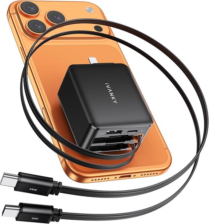 iVANKY Retractable USB C Charger, Smallest 4-in-1 GaN Wall Charger for Multiple Devices, 45W Charger Block with Dual Type C Cables, 4-Port Travel Adapter for iPhone 17/16/15/14 Pro Max, AirPods Pro2/3