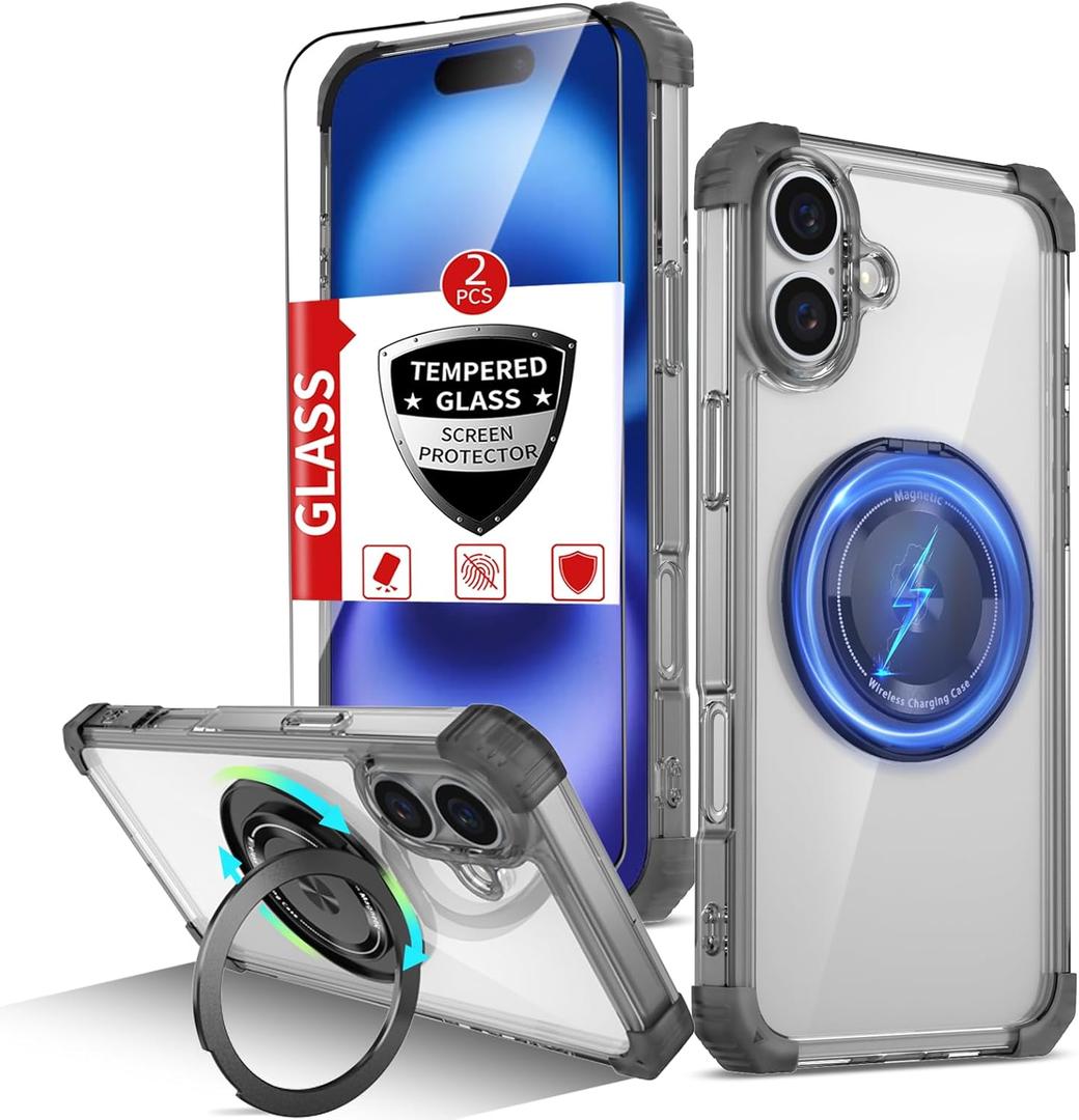 for iPhone 16 Case Magnetic Compatible with MagSafe Wireless Charging,with 2 Screen Protector,for 16 Case Built-in 360Kickstand Ring,Military Grade Drop Heavy Duty Protection Shockproof Black