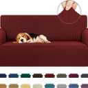 KEKUOU Stretch Loveseat Sofa Slipcover 1 Piece Couch Sofa Cover (55"-79") Furniture Protector 2 Seater Sofa with Elastic Bottom for Kids, Pet.Jacquard Small Checked Pattern Fabric(Medium, Dark Red)