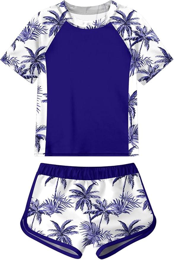 ADUKIDE Girls Swimsuits with Chest Pad Rash Guard Bathing Suit Hawaii Two Piece Swimwear Short Sleeve Beachwear Size 15T