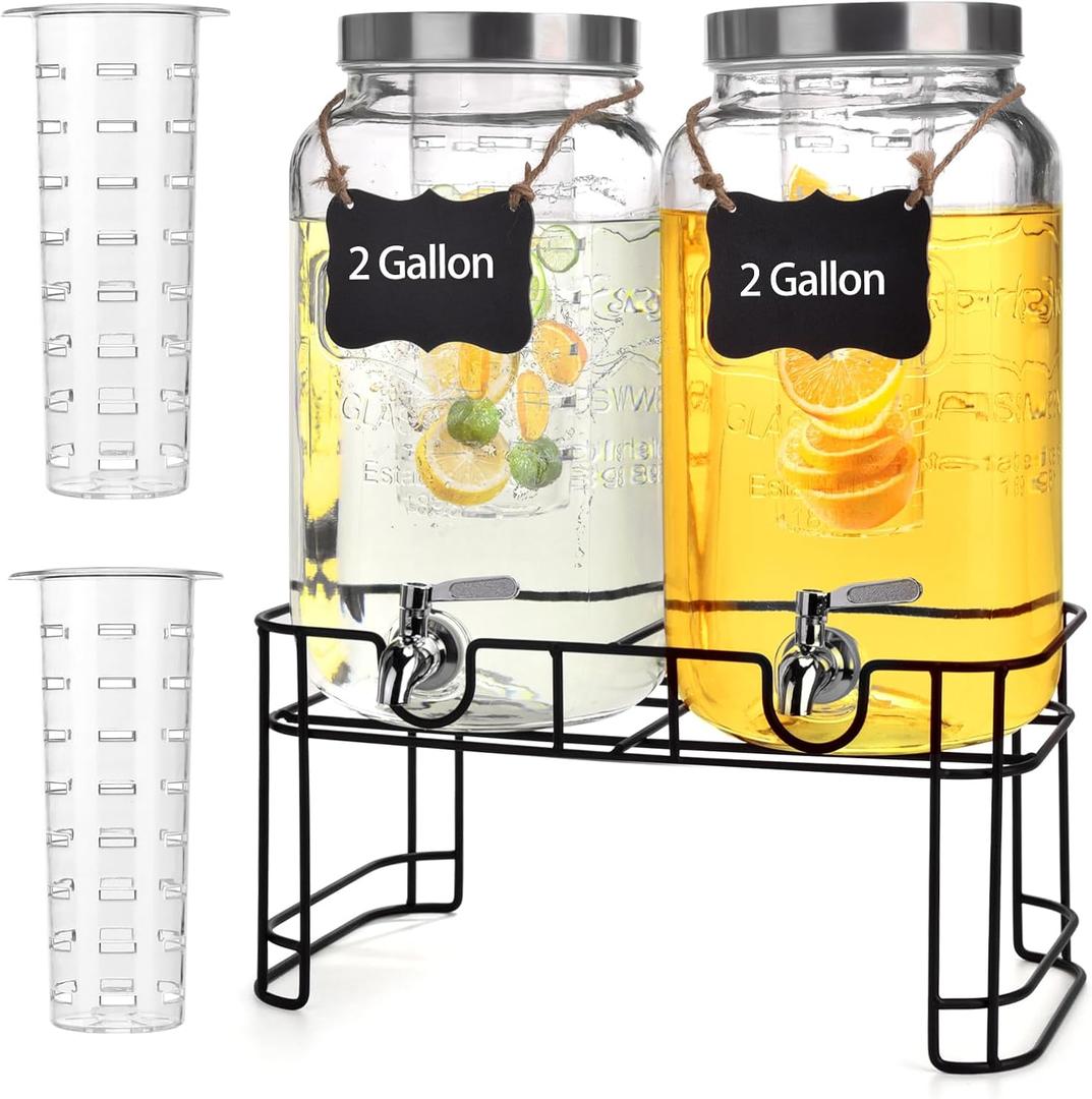 2 Gallon Glass Drink Dispenser Set of 2 - Drink Dispensers for Parties, Beverage Dispenser with Stand and 100% Leakproof Stainless Steel Spigot for Lemonade, Juice, Sangria, Iced Tea, and Cocktails