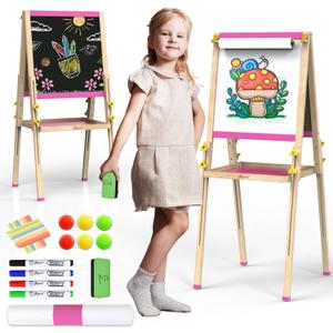 JOYOOSS Art Easel for Kids Easels for Toddlers with Paper Roll,Adjustable Wooden Magnetic Board Double Sided Whiteboard & Chalkboard 2-4 Art Easel for Kids Ages 4-8 Toddlers Painting Drawing Easel (Pink)