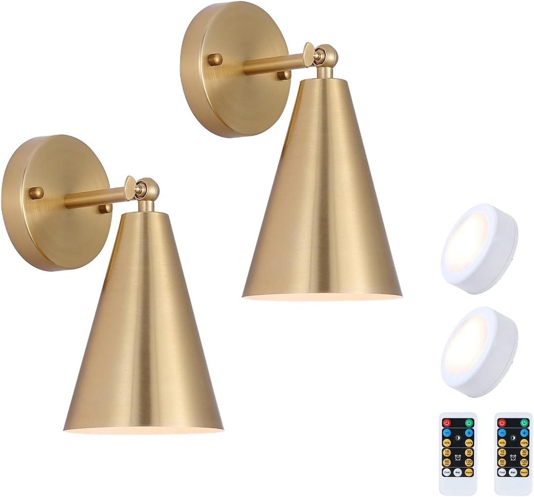 MWZ Gold Battery Operated Wall Sconces Set of Two,Wireless Indoor Lighting with Remote Control, Modern Dimmable 2 Color Temperatures Adjustable Angle Wall Mount Lamp with Brass Metal Shade