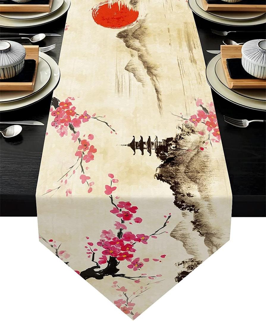 Sweetshow Cherry Blossom Table Runner 13x70 Inches Long Polyester Vintage Style Design Floral Table Runner Suitable for Holiday Party & Wedding & Kitchen & Dining Room Tables Decor