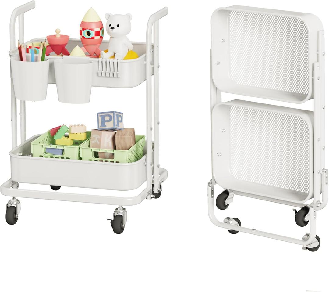 DTK 2 Tier Rolling Cart, Small Metal Utility Cart with Lockable Wheels, Foldable Craft Cart, 2 Shelf Folding Storage Trolley for Living Room, Kitchen, Bathroom, Bedroom and Office, White
