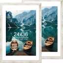 24x36 Poster Frame Set of 2, Distressed White Wood Style - Display 24 x 36 Poster without Mat or 20x30 Picture with Mat, Wall Mounting Horizontal and Vertical