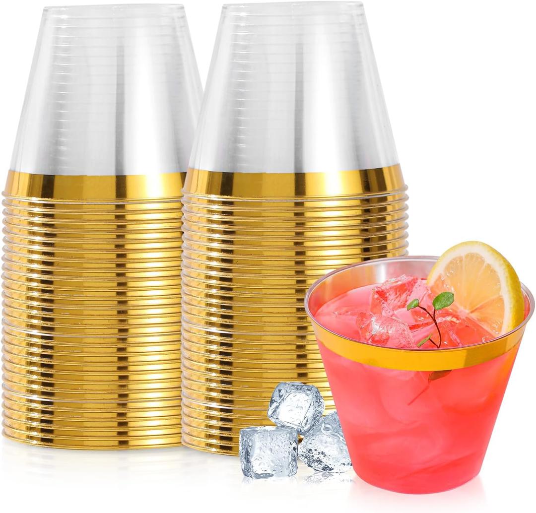 31 Gold Plastic Cups, 9 oz Clear with Metallic Gold Rim Disposable Cups, Elegant Plastic Tumblers, Fancy Party Cups
