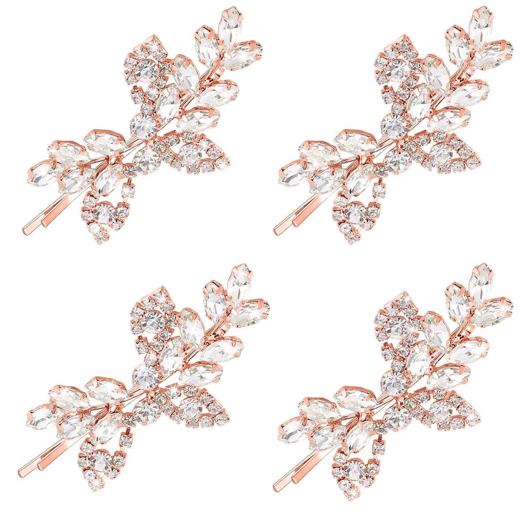 4 Pieces Leaf Pearl Crystal Hair Clips Elegant Bridal Hairpins and Barrettes for Women Girls (Rose Gold, Rhinestone Style)