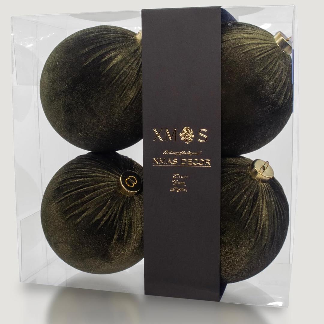 4PCS Green Velvet Christmas Ornaments Set  6 Inch Large Flocked Shatterproof Baubles for Xmas Tree Decoration, Hanging Ornaments for Holiday & Home Dcor (Green, 6 Inch / 15 cm)