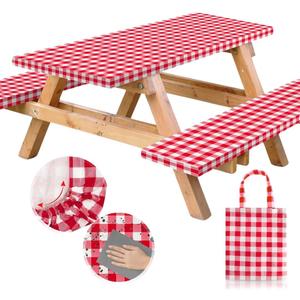 RNOONY Vinyl Fitted Picnic Table Cover with Bench Covers and Bag,8ft Outdoor Waterproof Picnic Tablecloth with Elastic Edges, 96x30 Inches 3 Pcs Set (Red Checkered)