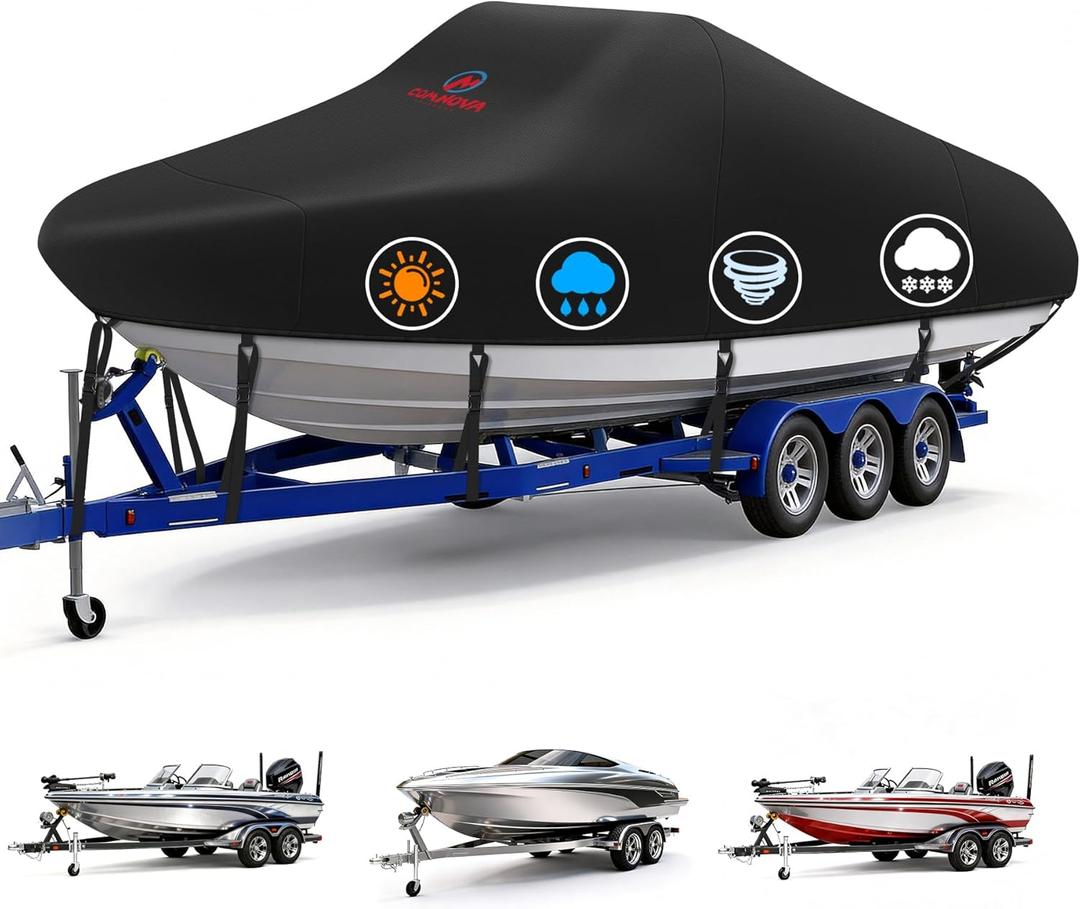 Comnova Boat Cover 20-22 FT - Marine Grade Trailerable Boat Cover Heavy Duty & Waterproof - Fit 20 to 22ft V-Hull, Tri-Hull, Fishing Boats, Runabout, Bowrider, Fish & Ski, and Pro-Style Bass Boats