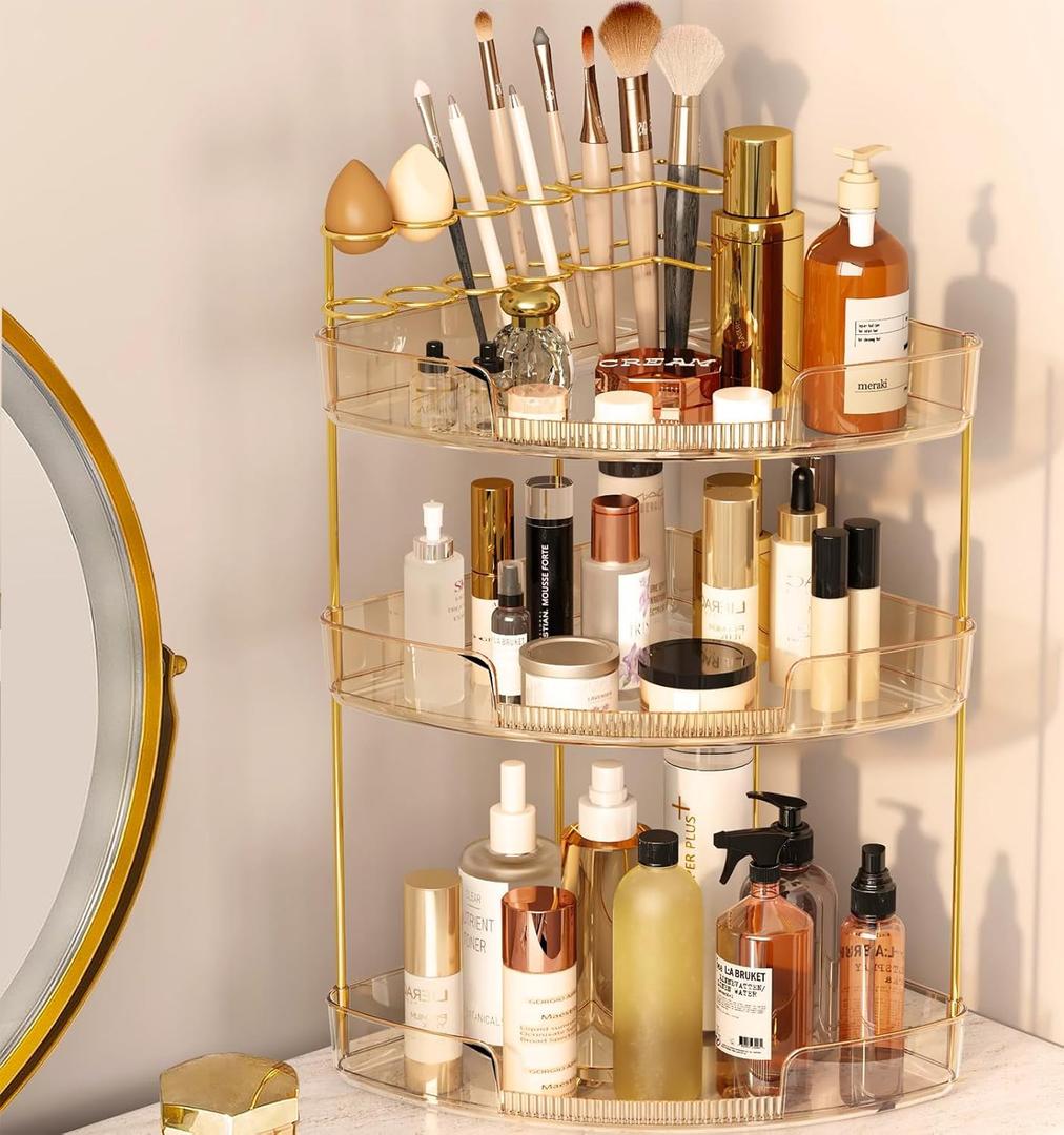 FELIZHOUSE 3-Tier Corner Bathroom Counter Organizer, Bathroom Countertop Shelf Makeup & Skincare Storage with Brush Holder for Vanity, Dresser, Kitchen - Amber