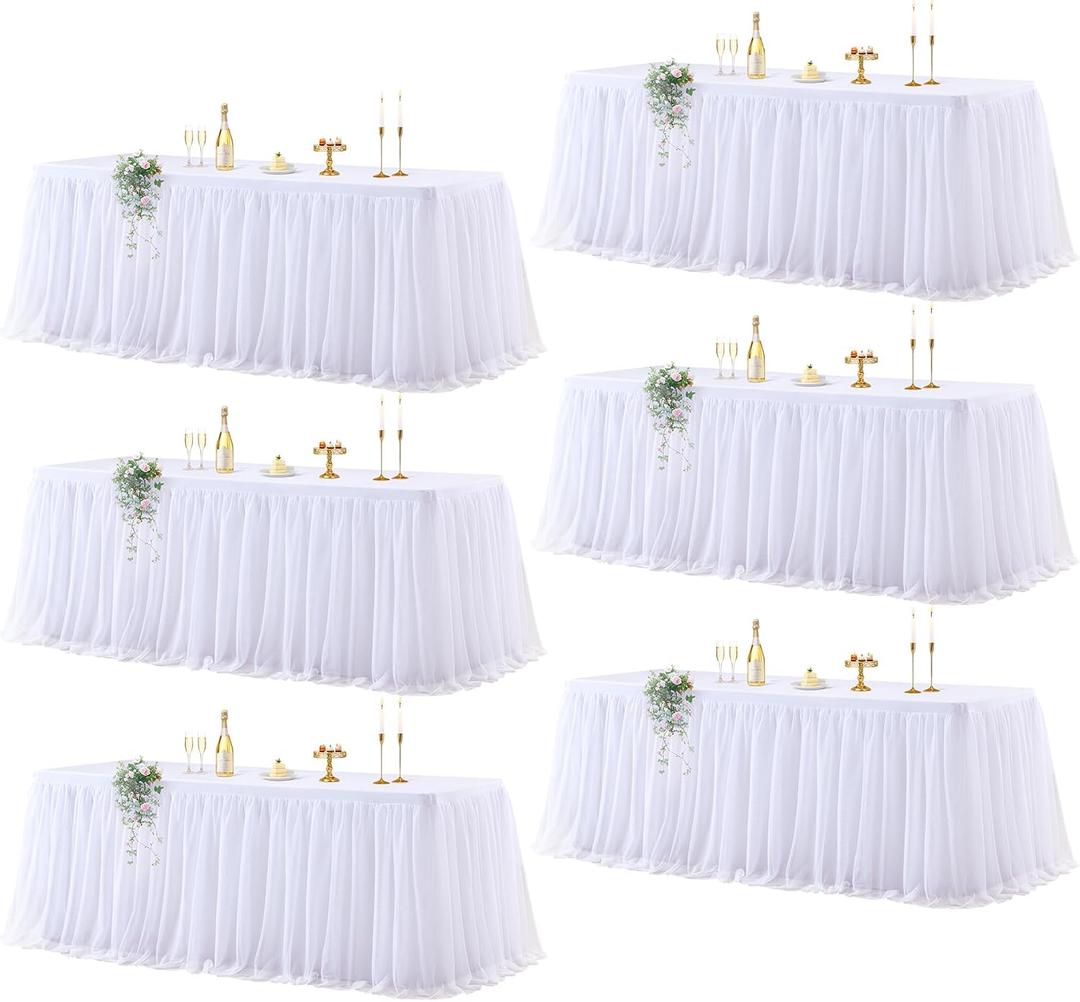 Wish Care 6 Pack White Tulle Tablecloth for 6 Foot Rectangle Tables Wrinkle Free Stretch Fitted Table Cloths with Tutu Skirt 6FT Rectangular Ruffle Table Cover for Wedding Birthday Party Banquet Cake