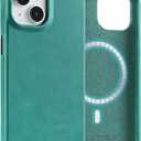 LUCKYCOIN Premium Full Grain Leather Magnetic Phone Case for iPhone 15, Compatible with MagSafe, Metal Buttons, Slim Fit Classic Leather Protective Case for Everyday Use  Green